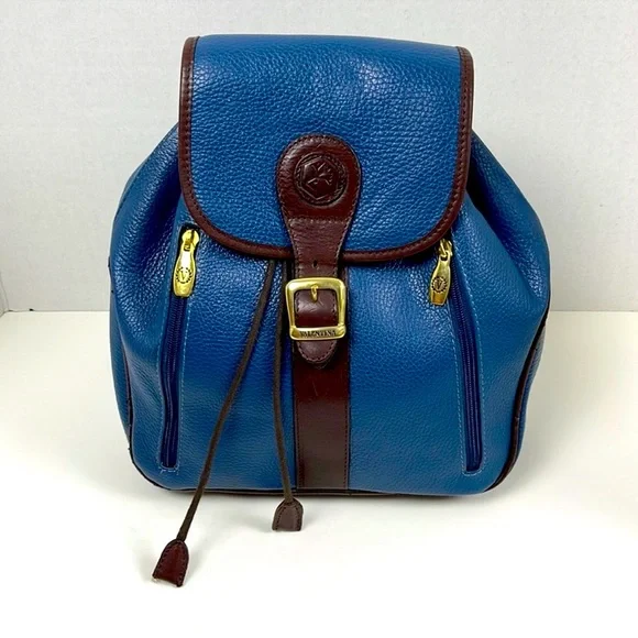 Valentina Blue and Dark Brown Leather Backpack Valentina Italian Pebbled Leather Bag Backpack, Navy Blue  main image 4